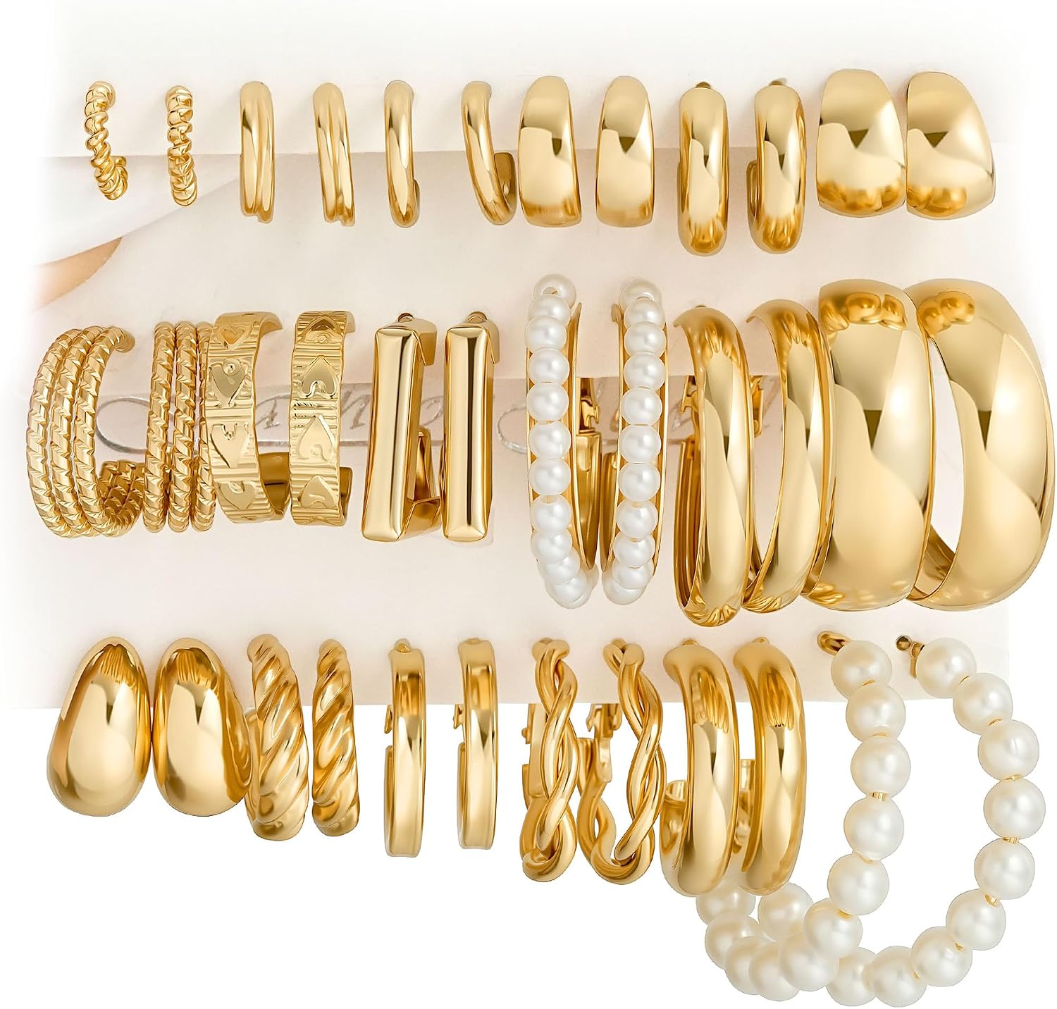 Assorted Gold Finish Hoop Earrings for Women, 18 Pairs Set - Image 14