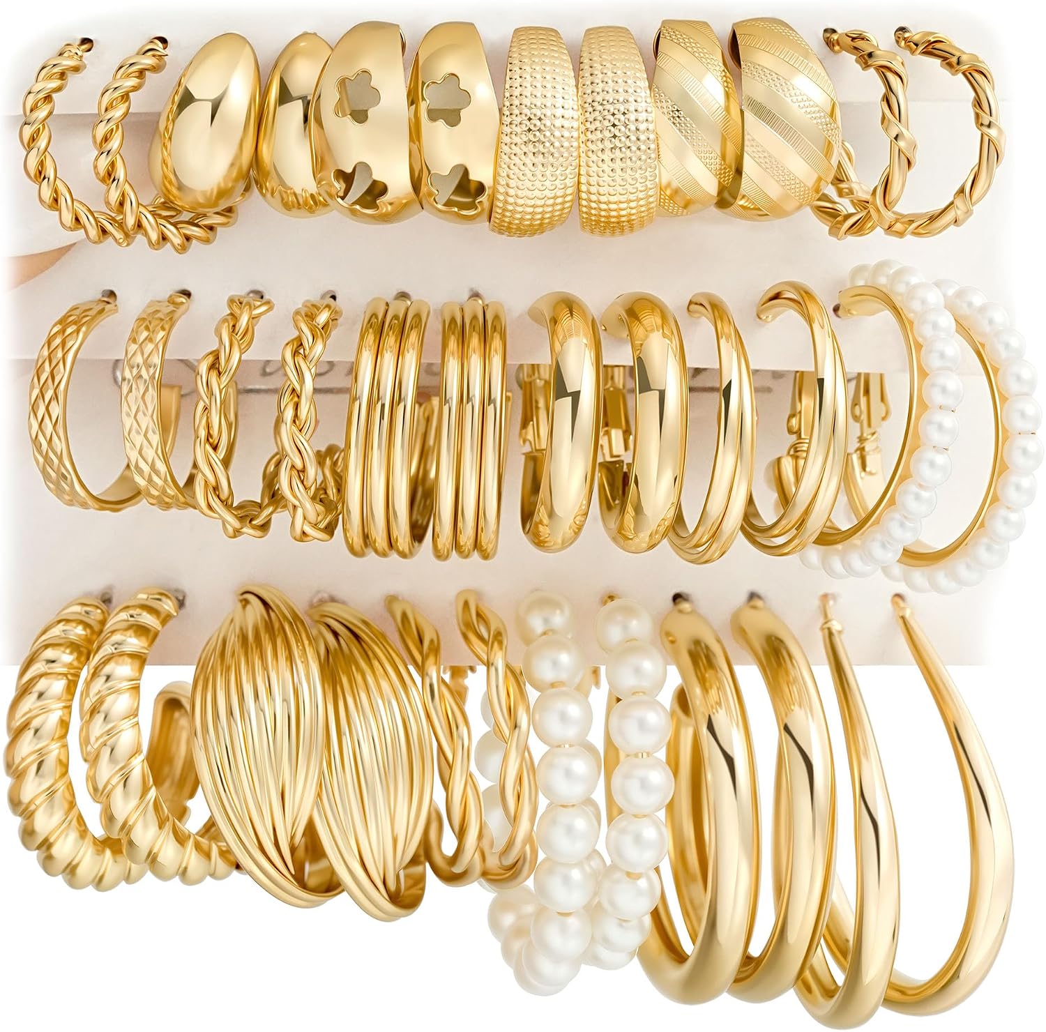 Assorted Gold Finish Hoop Earrings for Women, 18 Pairs Set