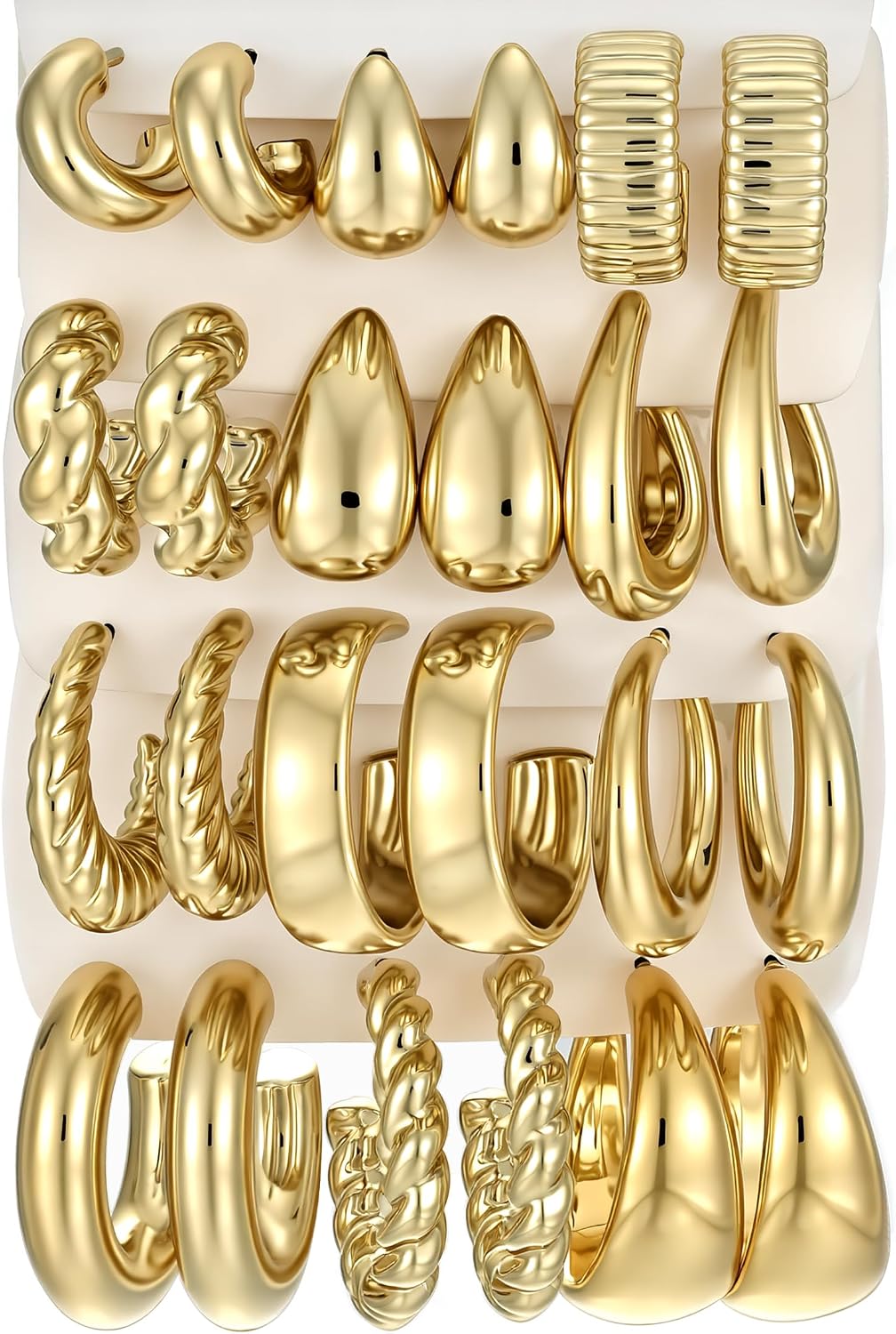 Assorted Gold Finish Hoop Earrings for Women, 18 Pairs Set - Image 13