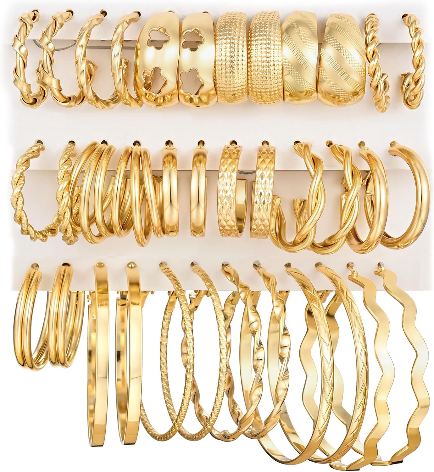 Assorted Gold Finish Hoop Earrings for Women, 18 Pairs Set - Image 10