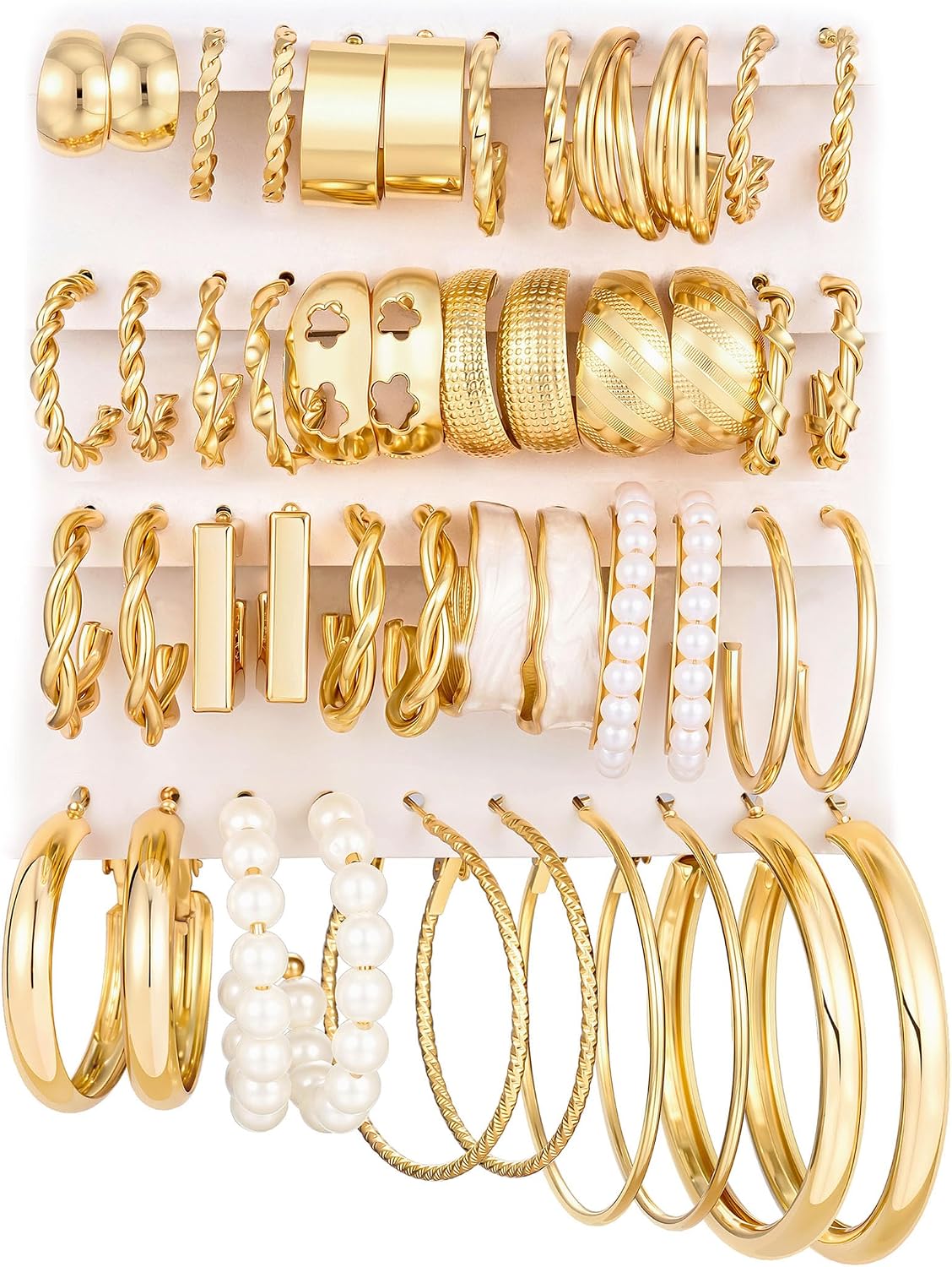 Assorted Gold Finish Hoop Earrings for Women, 18 Pairs Set - Image 15