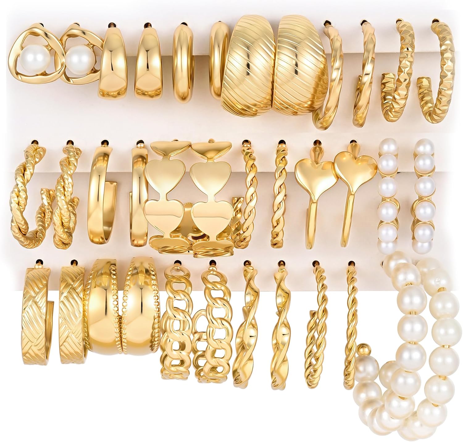 Assorted Gold Finish Hoop Earrings for Women, 18 Pairs Set - Image 12