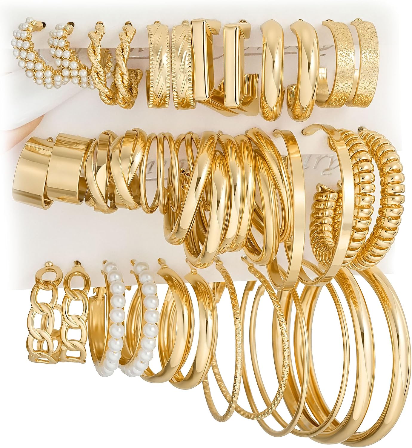 Assorted Gold Finish Hoop Earrings for Women, 18 Pairs Set - Image 11