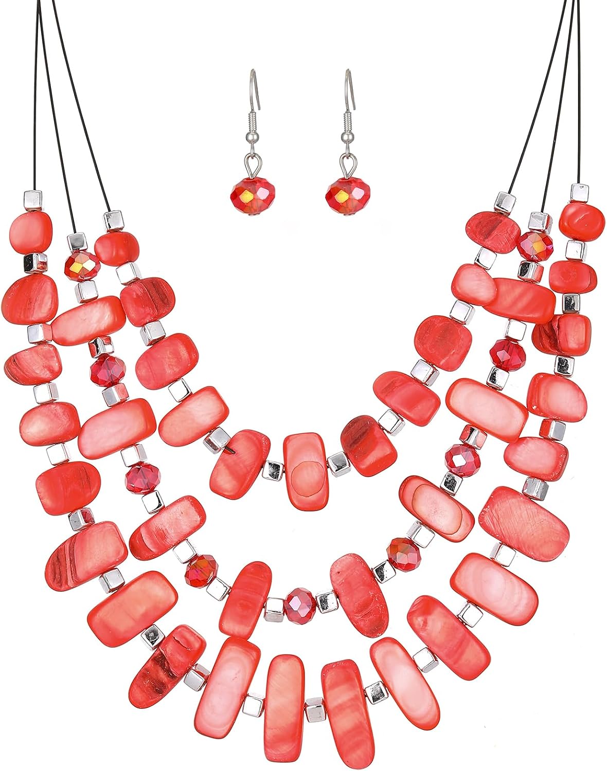 Blue Beaded Layered Necklace with Matching Drop Earrings Set - Image 7