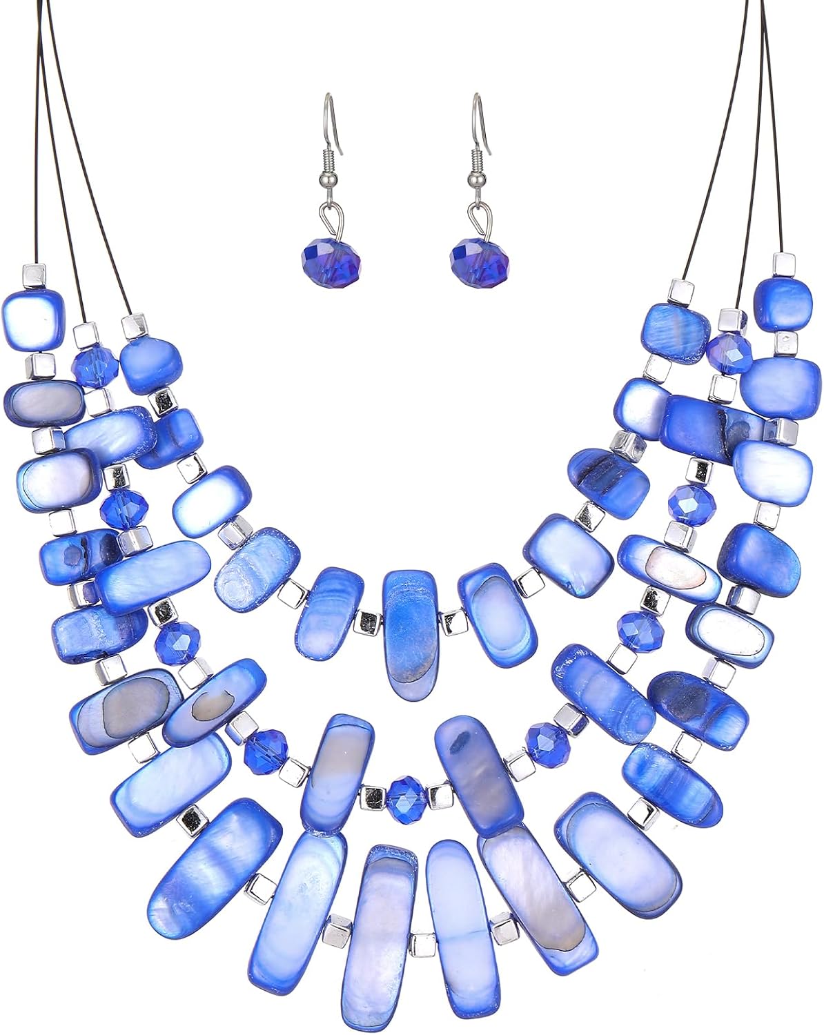 Blue Beaded Layered Necklace with Matching Drop Earrings Set - Image 8