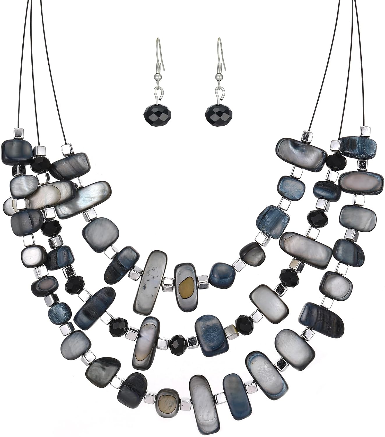 Blue Beaded Layered Necklace with Matching Drop Earrings Set - Image 9