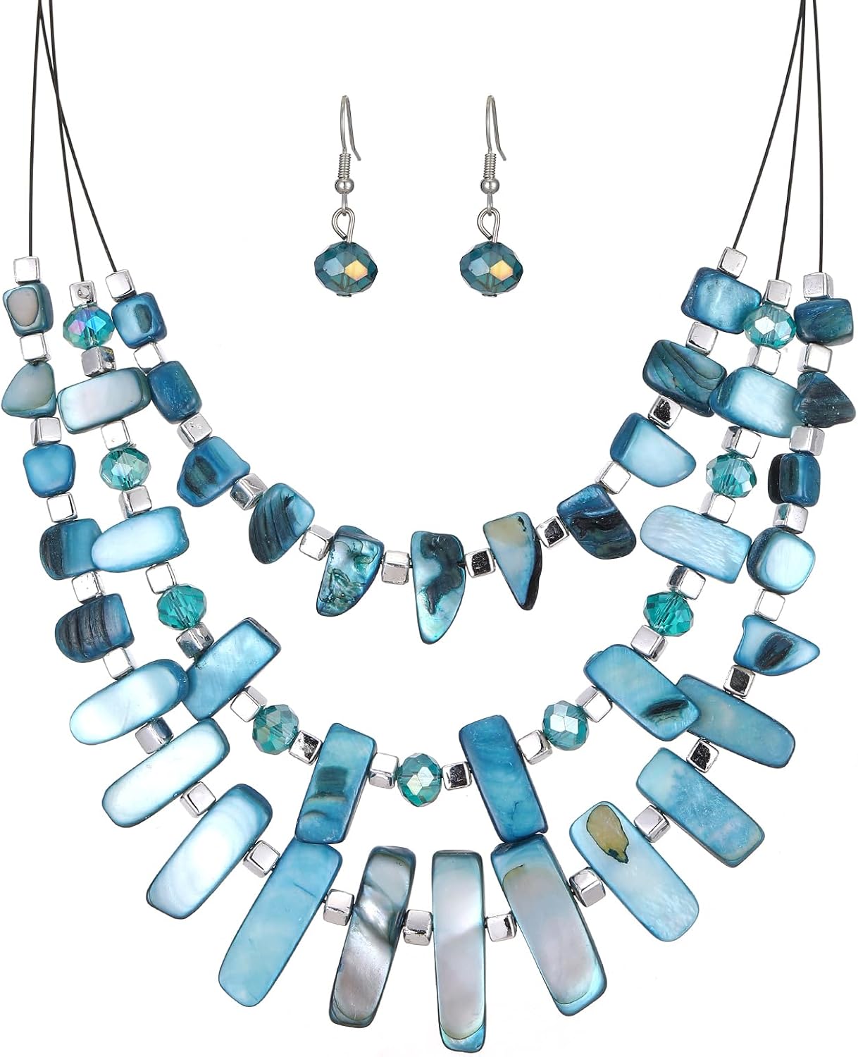 Blue Beaded Layered Necklace with Matching Drop Earrings Set - Image 15