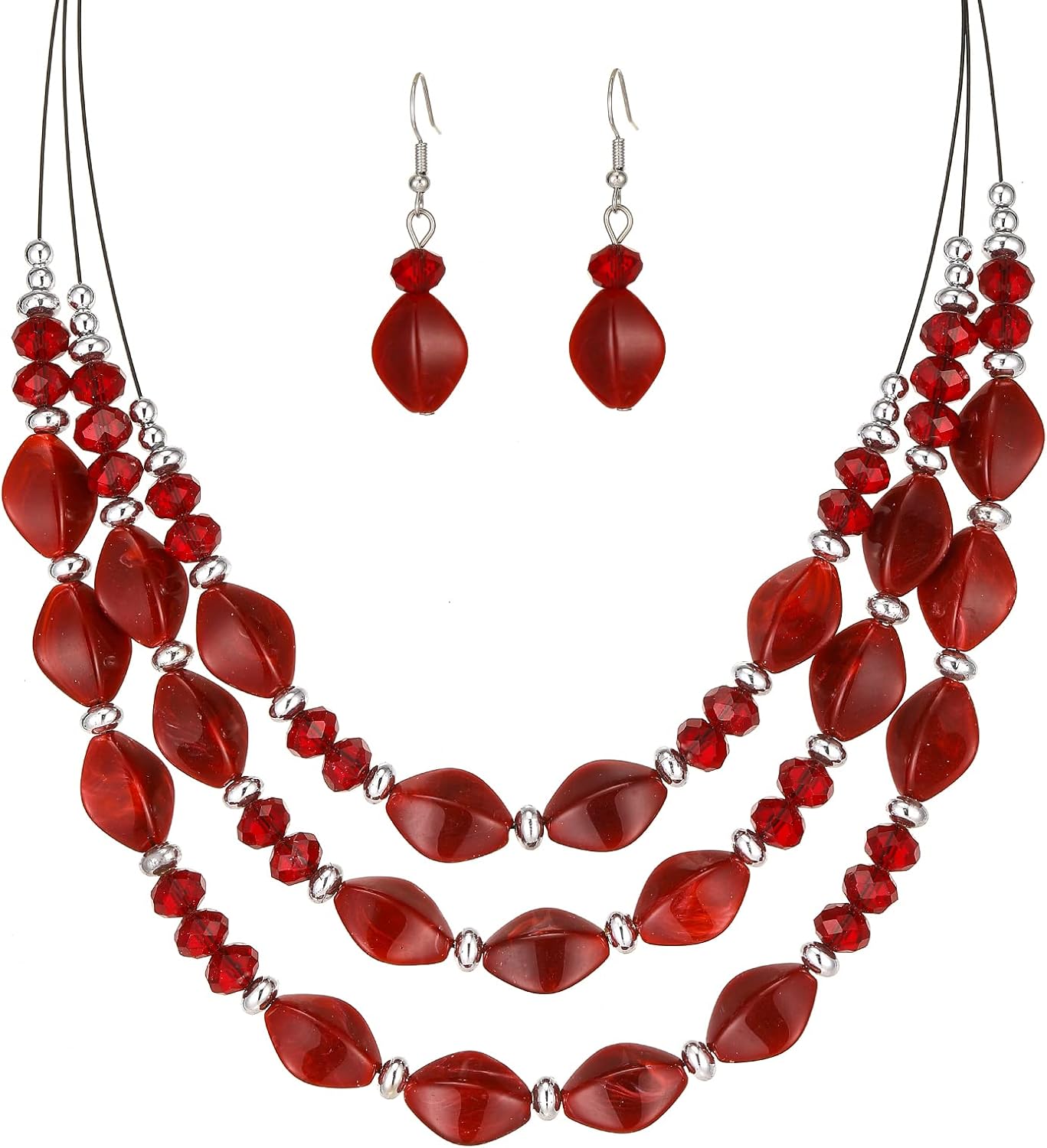 Blue Beaded Layered Necklace with Matching Drop Earrings Set - Image 11