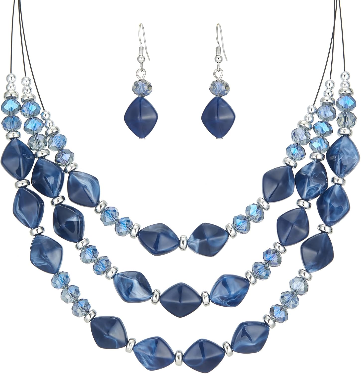 Blue Beaded Layered Necklace with Matching Drop Earrings Set