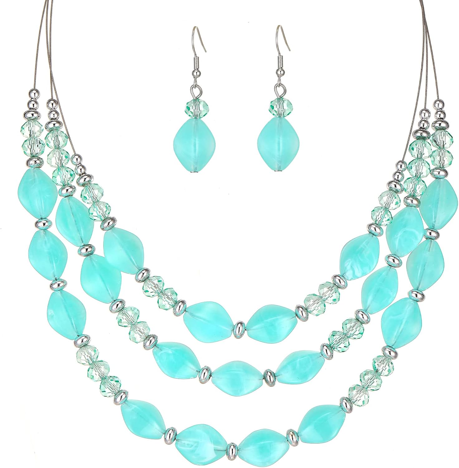 Blue Beaded Layered Necklace with Matching Drop Earrings Set - Image 21