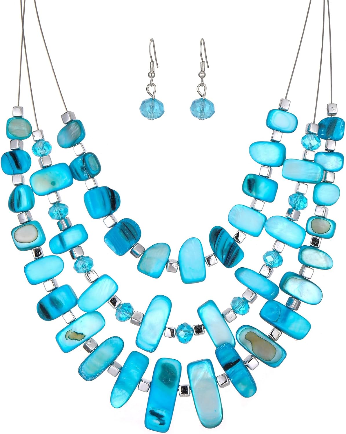 Blue Beaded Layered Necklace with Matching Drop Earrings Set - Image 19