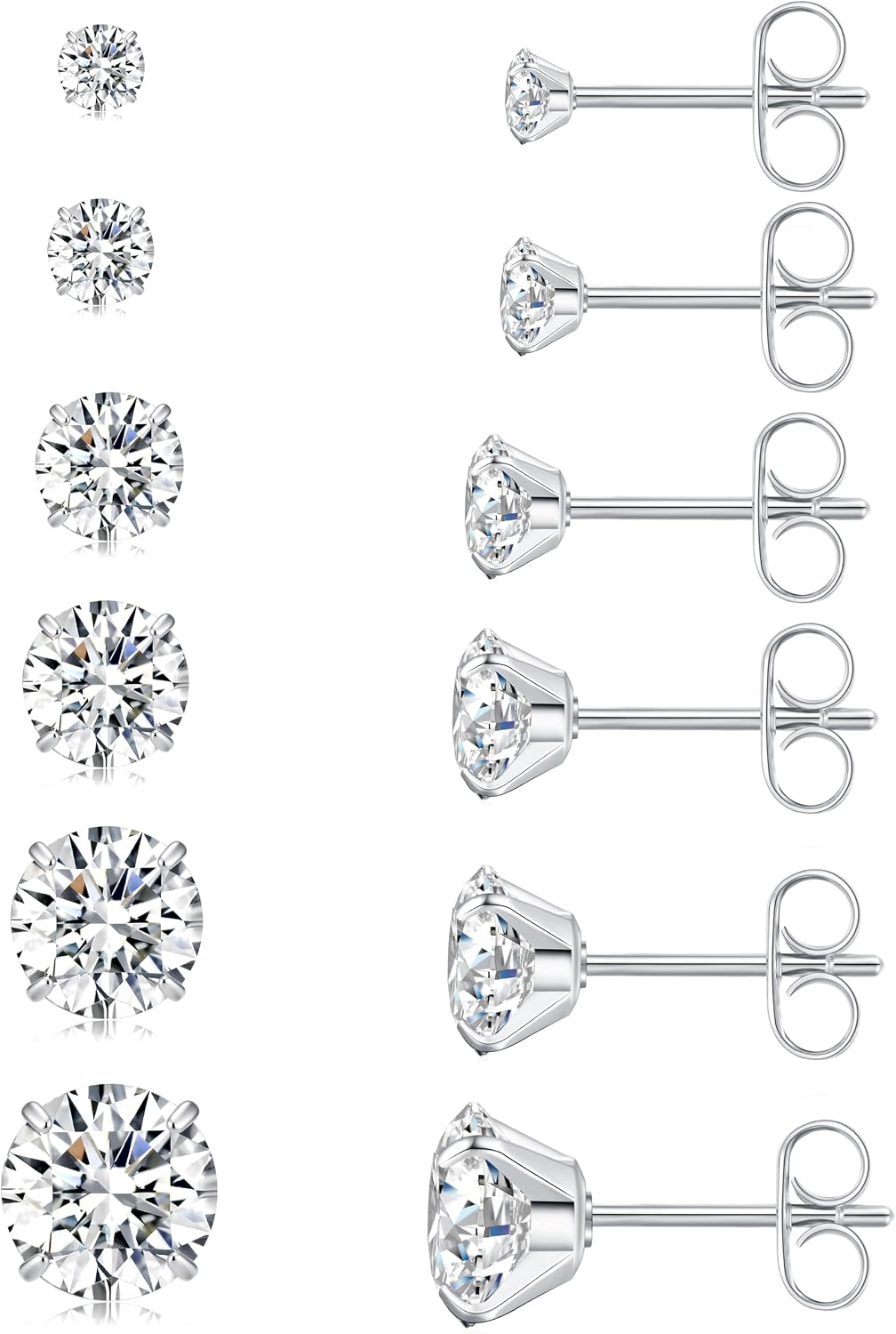 Six Pairs Round Cubic Zirconia Stud Earrings Set, Assorted Sizes
