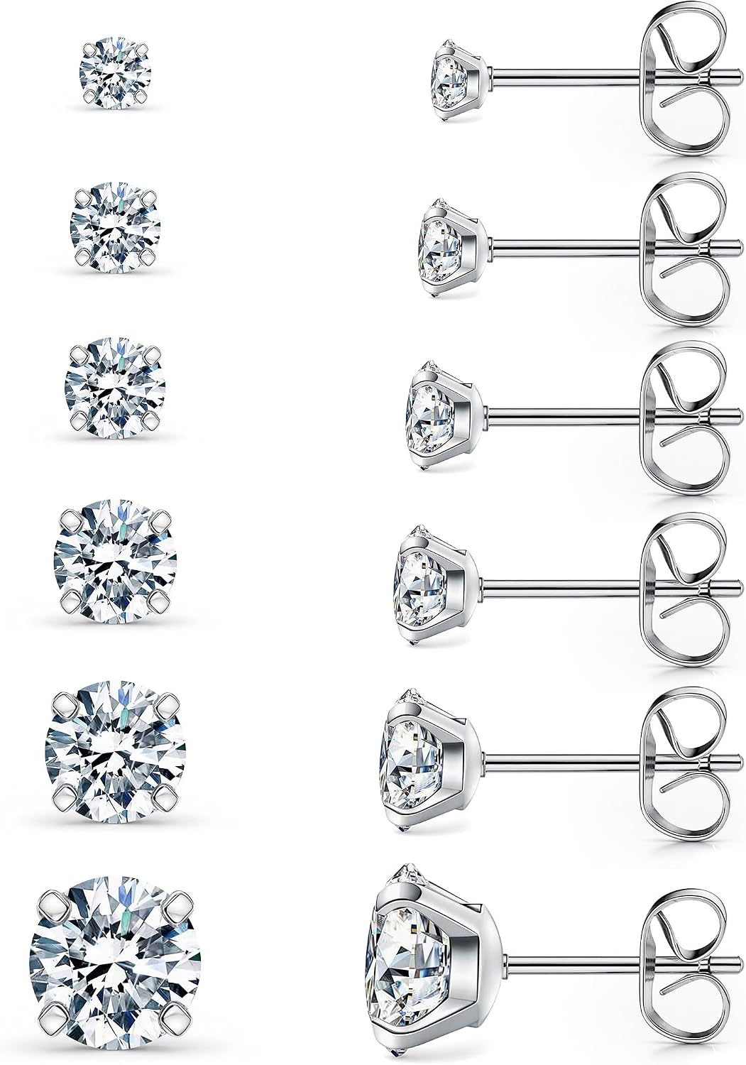 Six Pairs Round Cubic Zirconia Stud Earrings Set, Steel Finish
