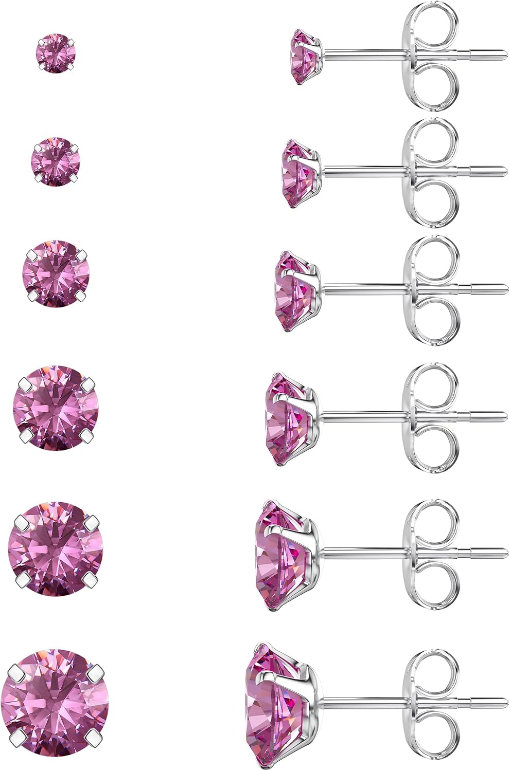 Six Pairs Round Cubic Zirconia Stud Earrings Set, Steel Finish - Image 12