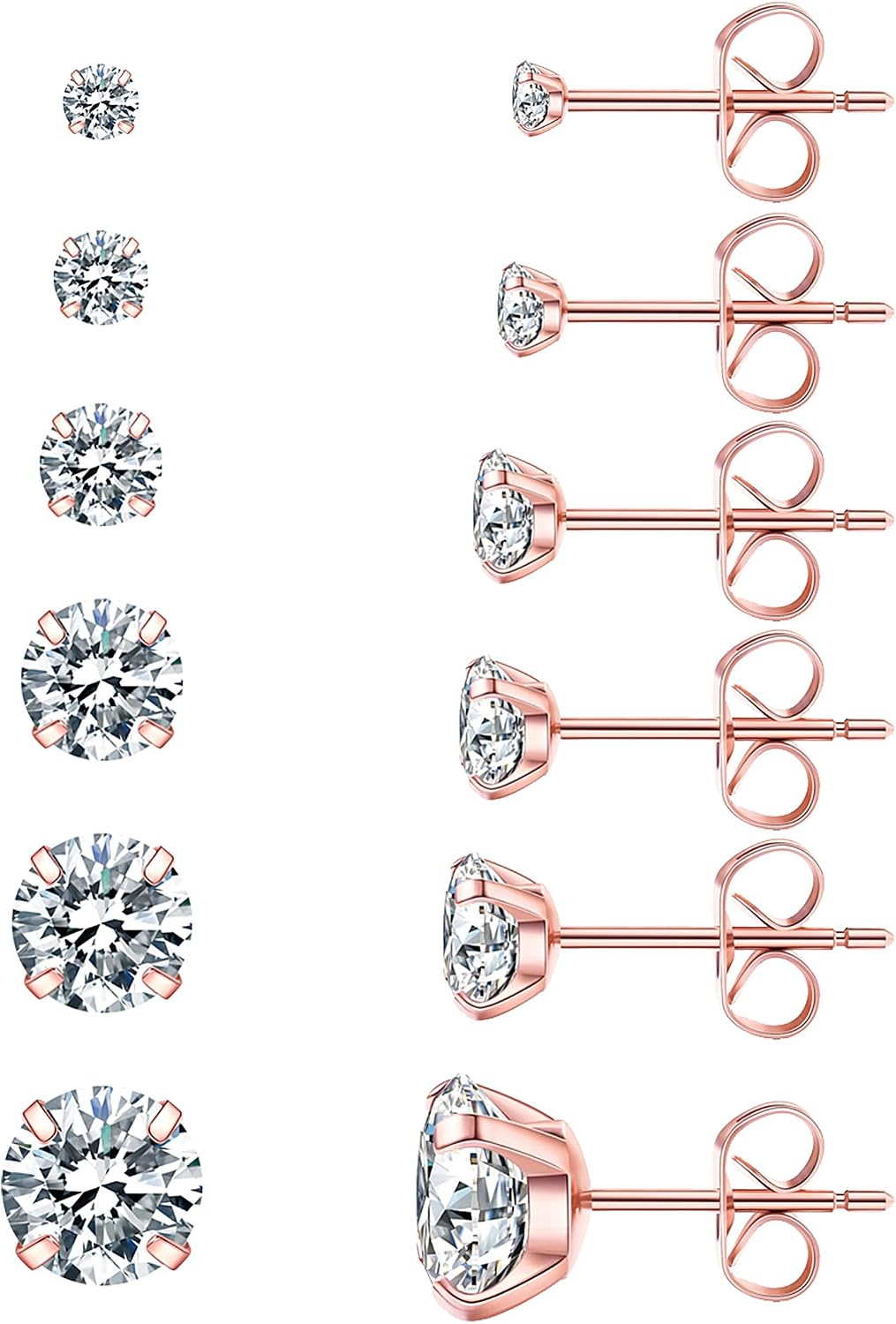 Six Pairs Round Cubic Zirconia Stud Earrings Set, Steel Finish - Image 16