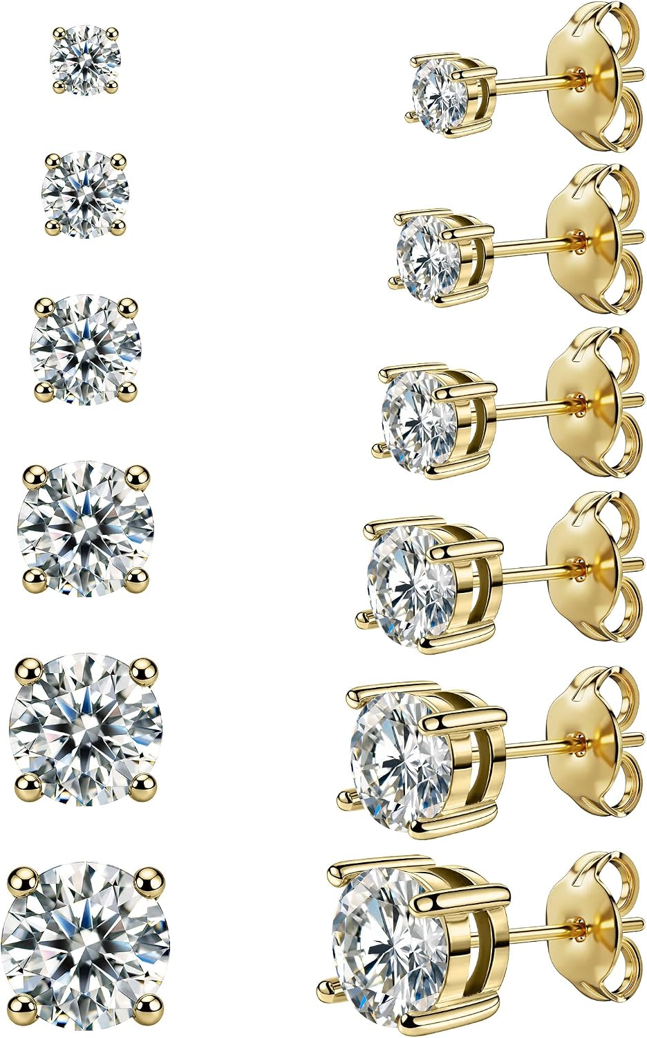 Six Pairs Round Cubic Zirconia Stud Earrings Set, Steel Finish - Image 14