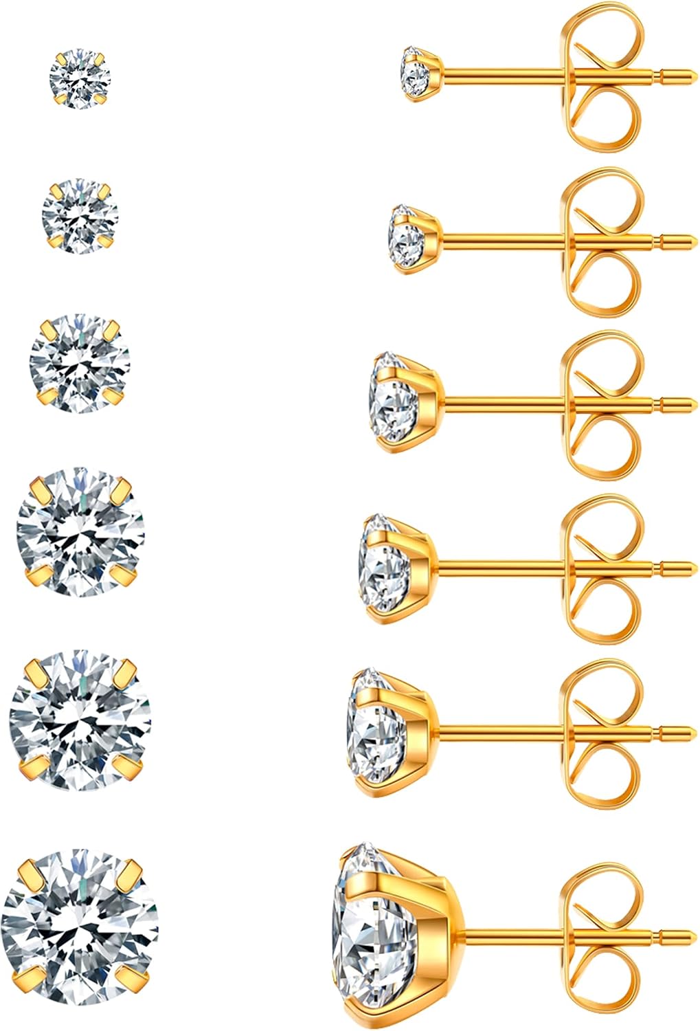 Six Pairs Round Cubic Zirconia Stud Earrings Set, Steel Finish - Image 13