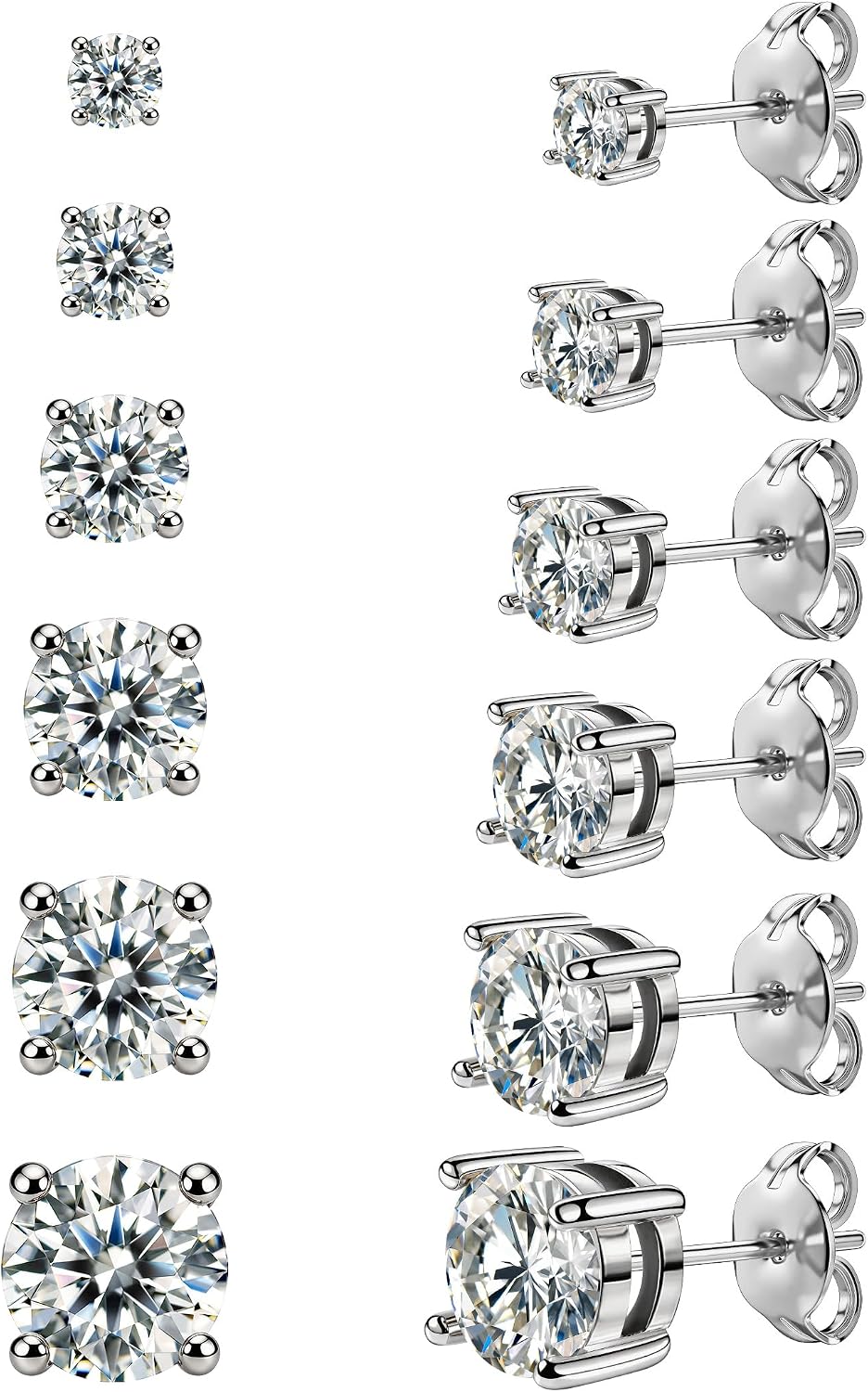 Six Pairs Round Cubic Zirconia Stud Earrings Set, Steel Finish - Image 17
