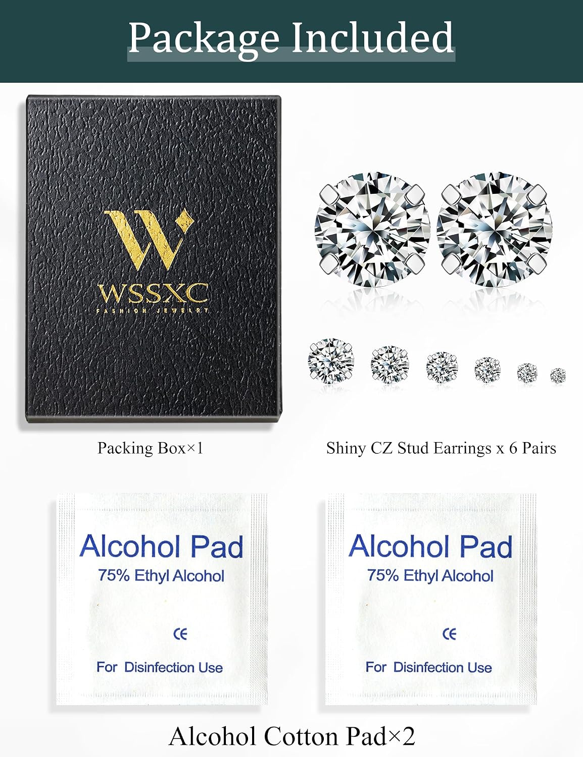 Six Pairs Round Cubic Zirconia Stud Earrings Set, Steel Finish - Image 7