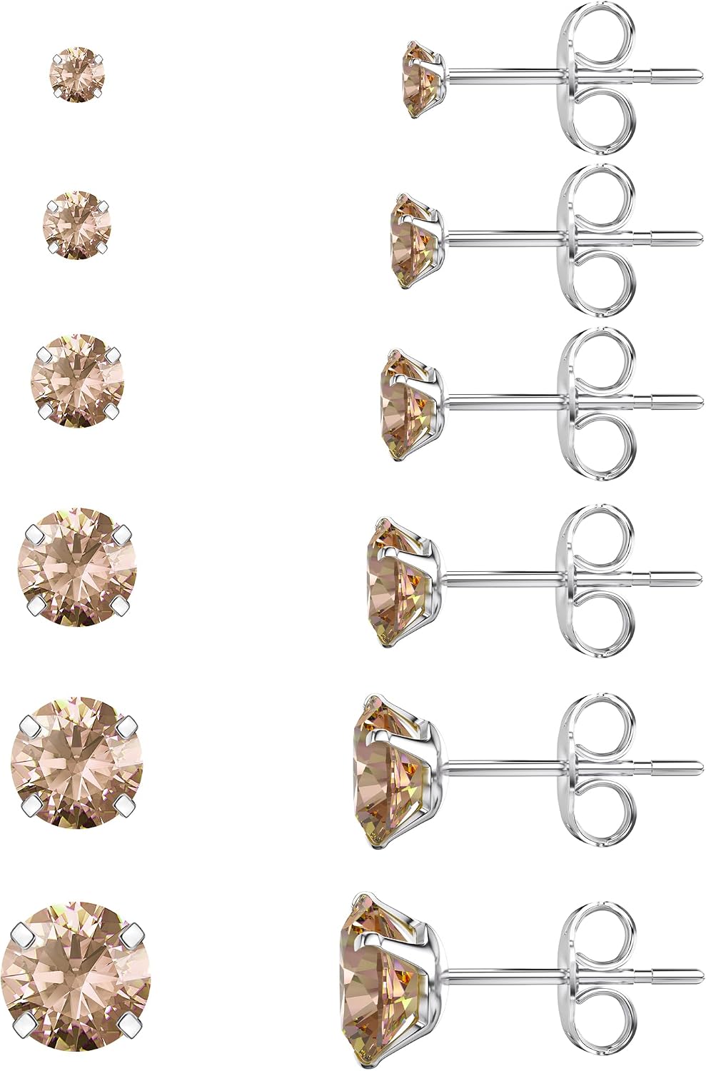 Six Pairs Round Cubic Zirconia Stud Earrings Set, Steel Finish - Image 15