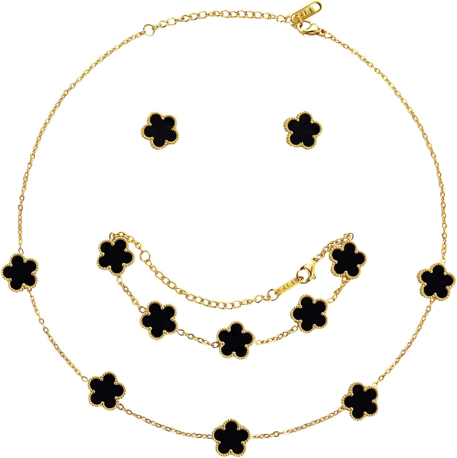 Gold Finish Clover Design Necklace, Bracelet, and Earrings Set