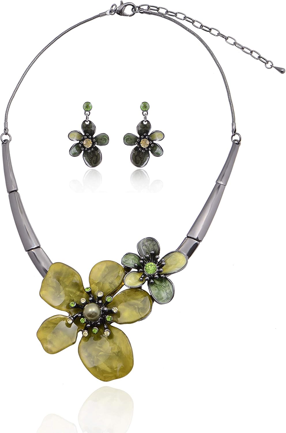 Green Floral Imitation Jewellery Set, Necklace and Earrings - Image 29
