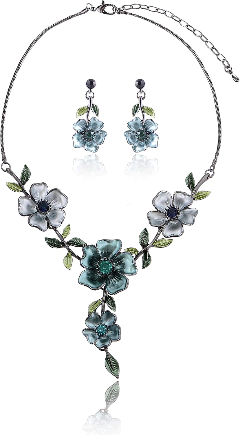 Green Floral Imitation Jewellery Set, Necklace and Earrings - Image 14