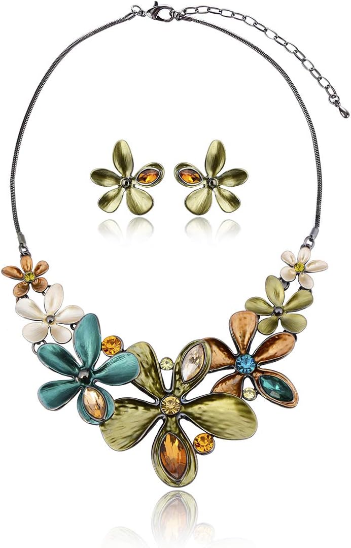 Green Floral Imitation Jewellery Set, Necklace and Earrings - Image 20