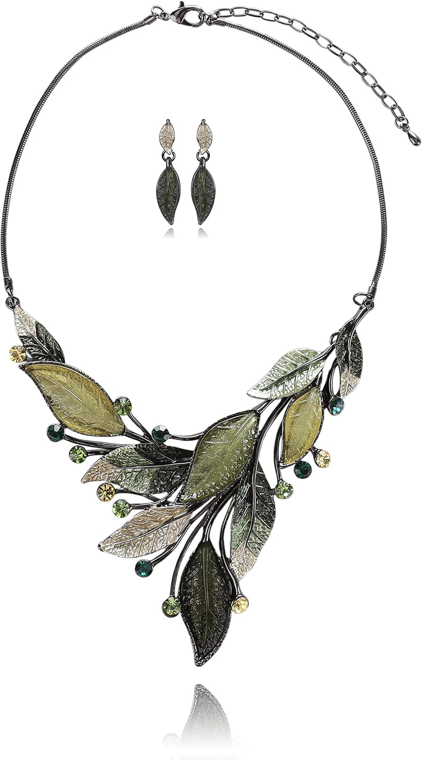 Green Floral Imitation Jewellery Set, Necklace and Earrings - Image 25
