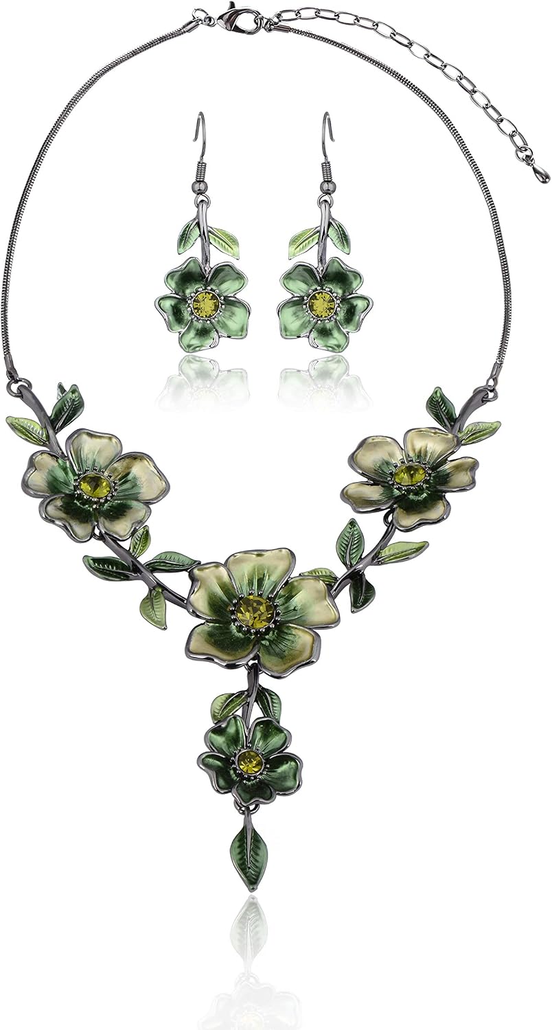 Green Floral Imitation Jewellery Set, Necklace and Earrings