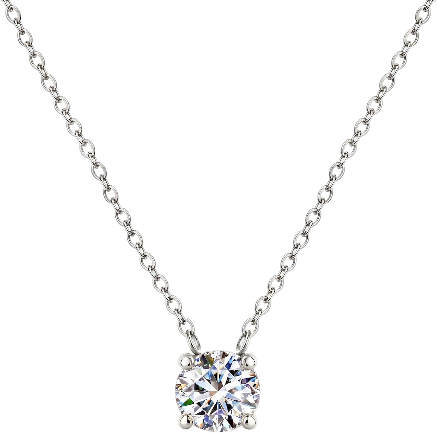 Solitaire Cubic Zirconia Pendant Necklace, Silver Finish Chain