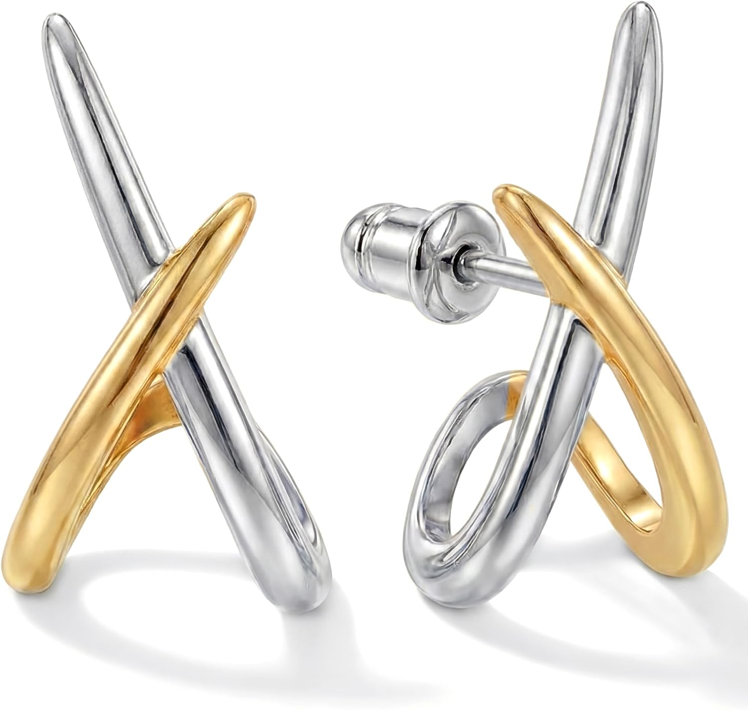 Gold Finish Crossover Design Stud Earrings, One Pair - Image 11