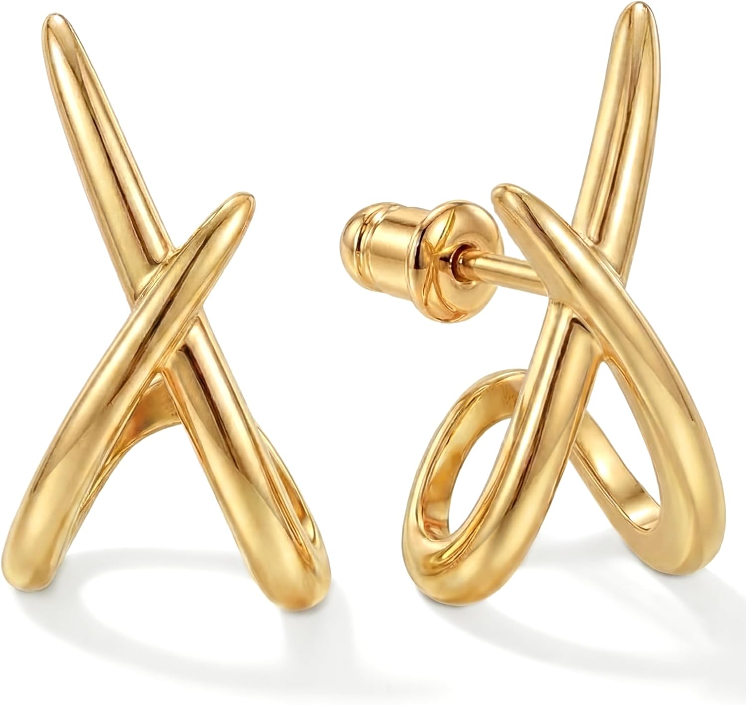 Gold Finish Crossover Design Stud Earrings, One Pair
