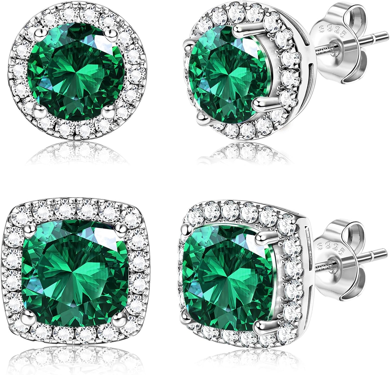 Halo Stud Earrings Set, Round and Square Clear Stone, Two Pairs - Image 10