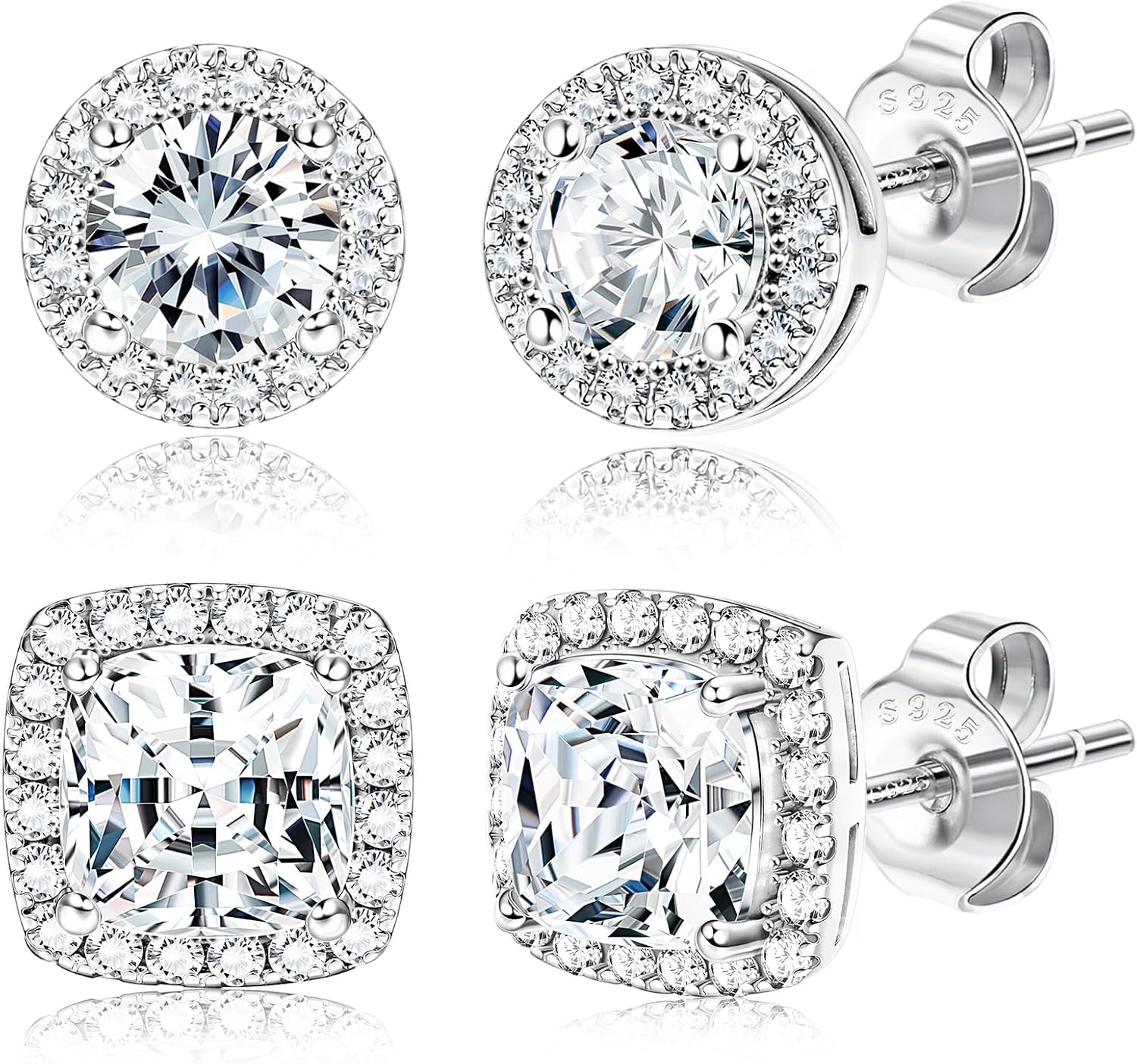 Halo Stud Earrings Set, Round and Square Clear Stone, Two Pairs - Image 19