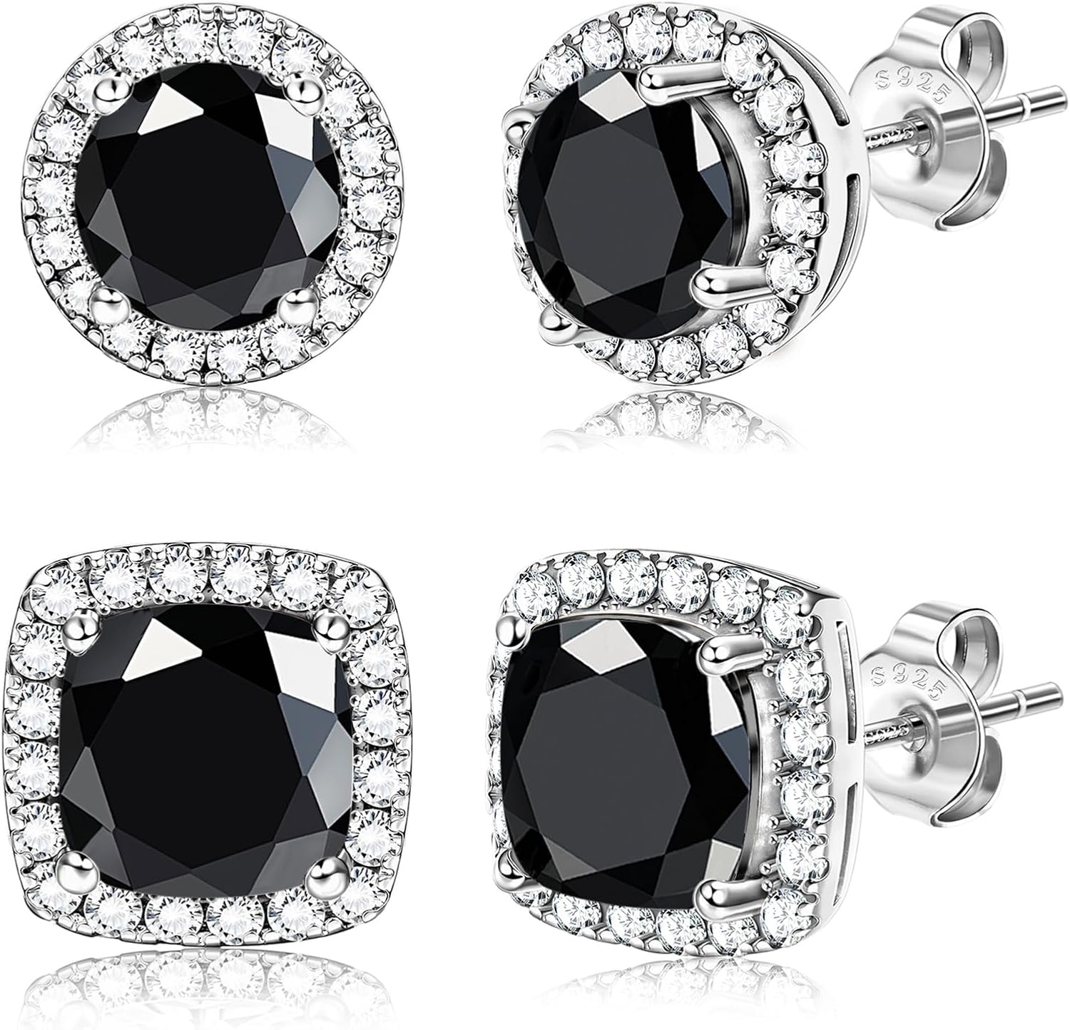 Halo Stud Earrings Set, Round and Square Clear Stone, Two Pairs - Image 15