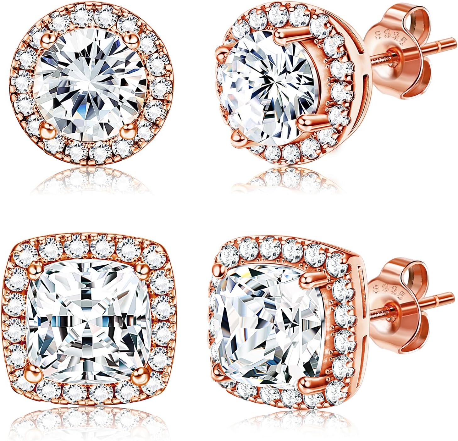 Halo Stud Earrings Set, Round and Square Clear Stone, Two Pairs - Image 8