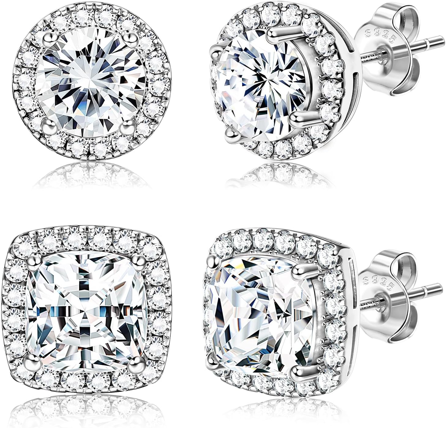 Halo Stud Earrings Set, Round and Square Clear Stone, Two Pairs
