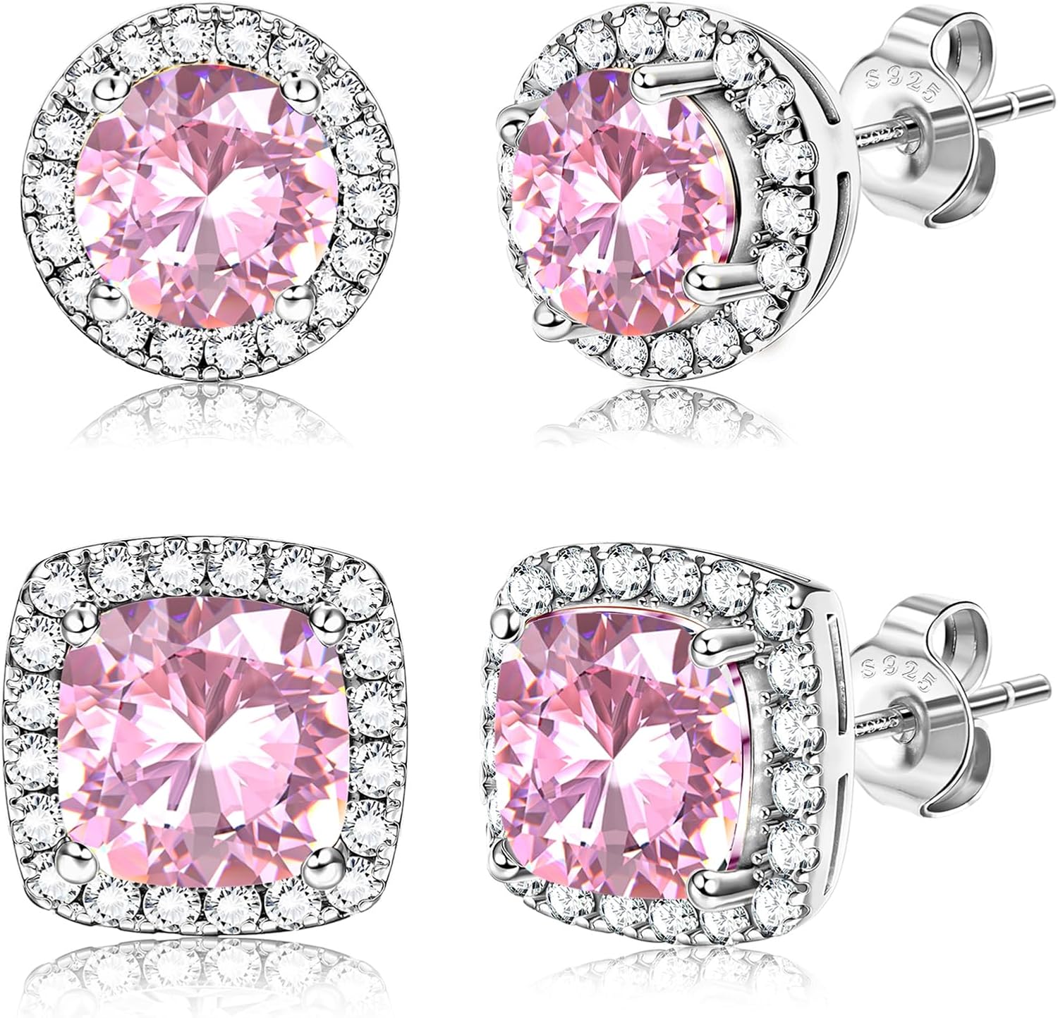 Halo Stud Earrings Set, Round and Square Clear Stone, Two Pairs - Image 12