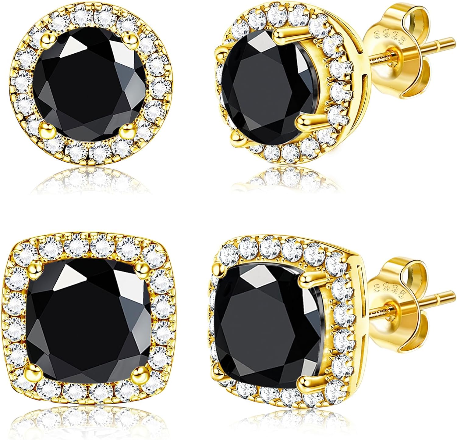 Halo Stud Earrings Set, Round and Square Clear Stone, Two Pairs - Image 16