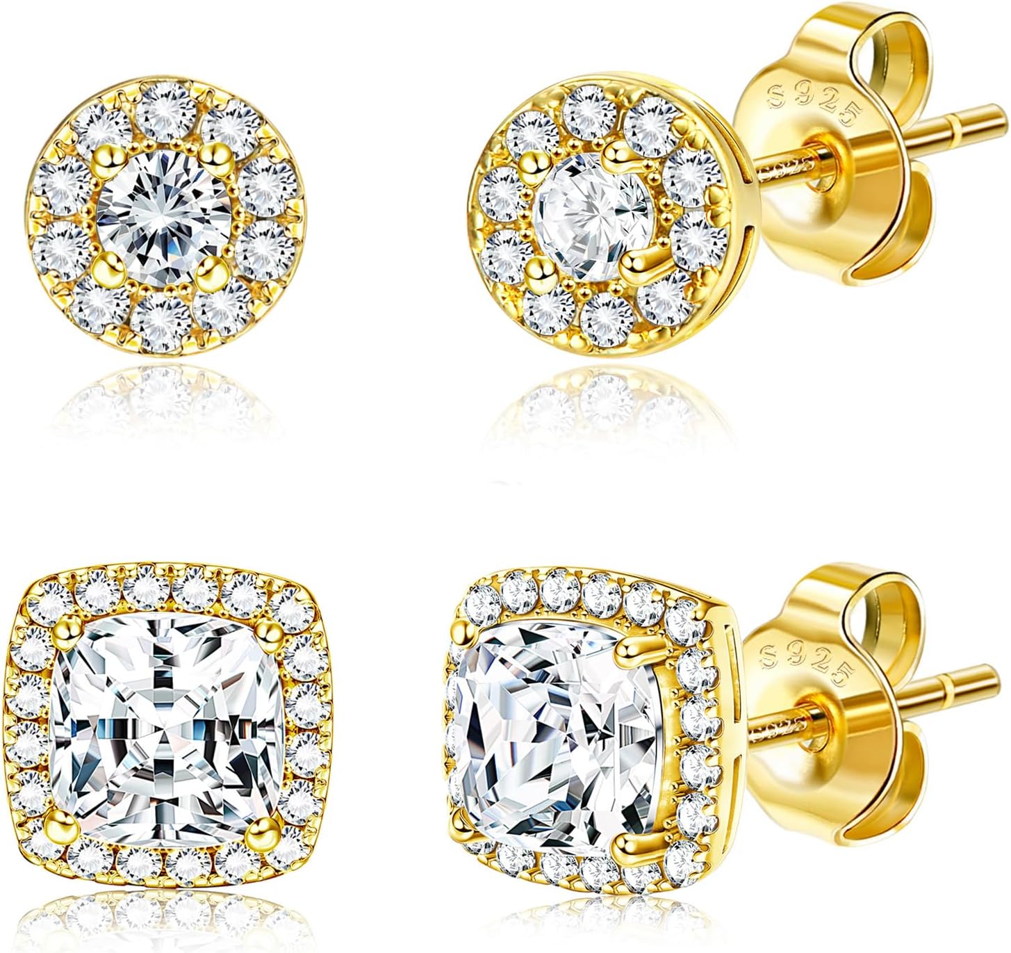 Halo Stud Earrings Set, Round and Square Clear Stone, Two Pairs - Image 11
