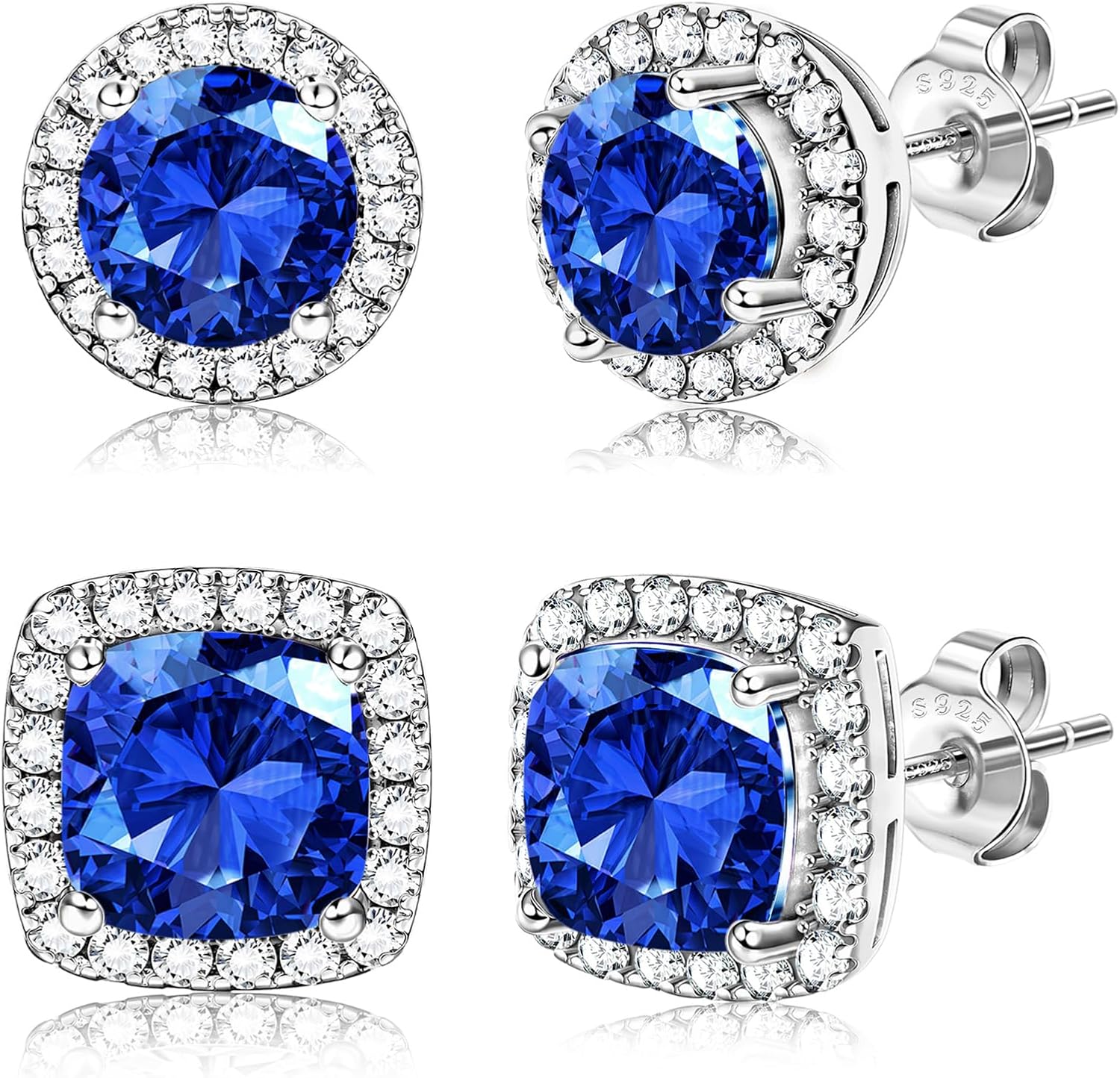 Halo Stud Earrings Set, Round and Square Clear Stone, Two Pairs - Image 20