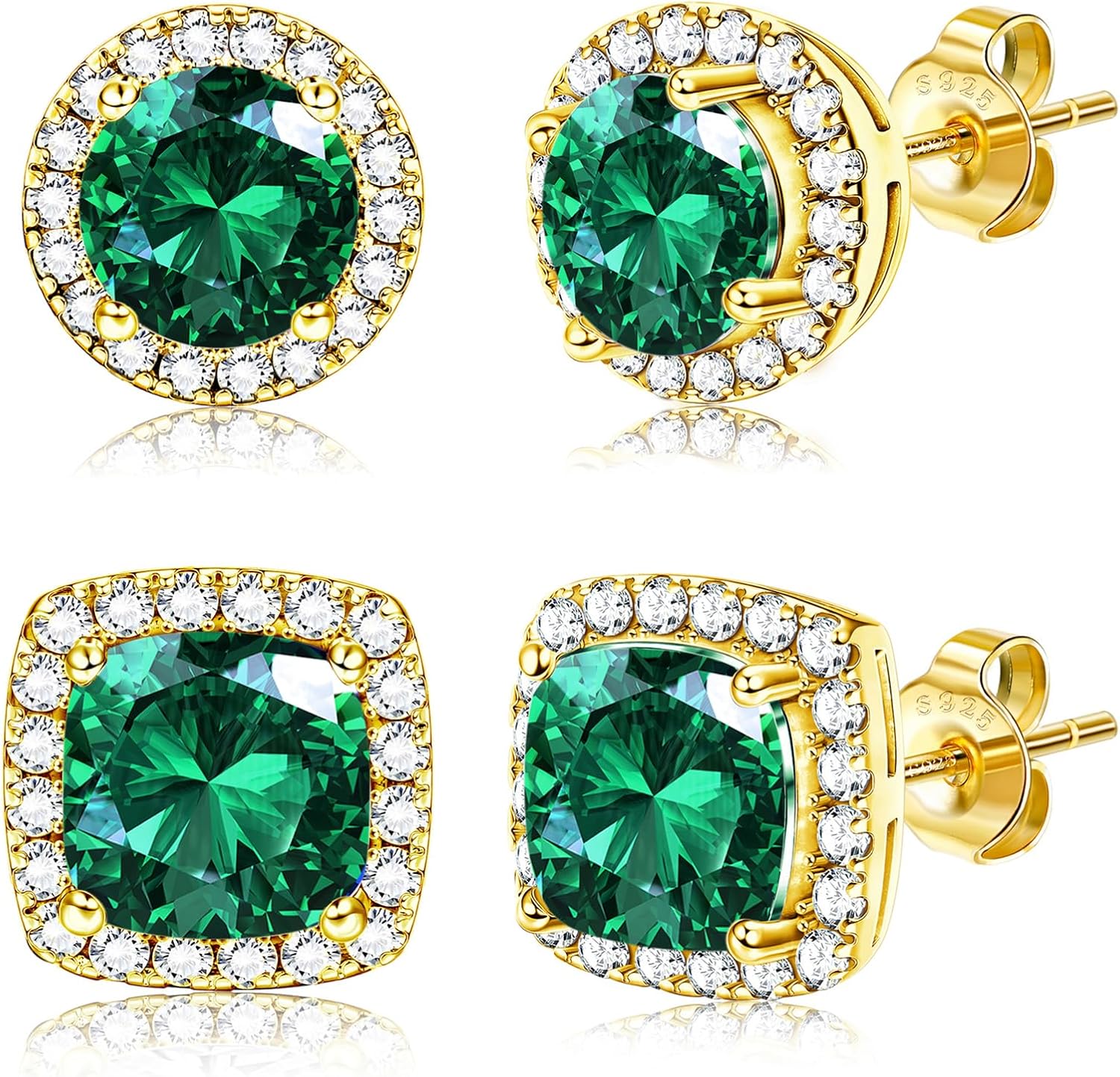 Halo Stud Earrings Set, Round and Square Clear Stone, Two Pairs - Image 14