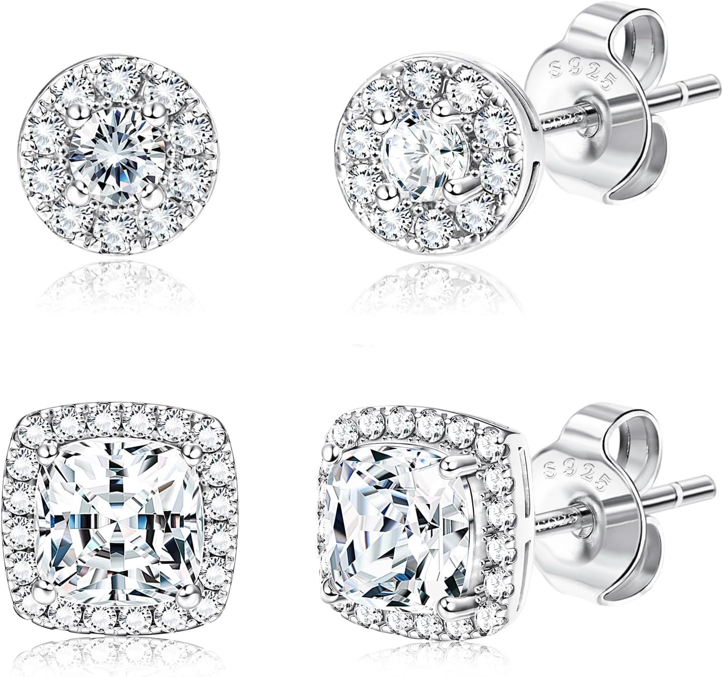 Halo Stud Earrings Set, Round and Square Clear Stone, Two Pairs - Image 18