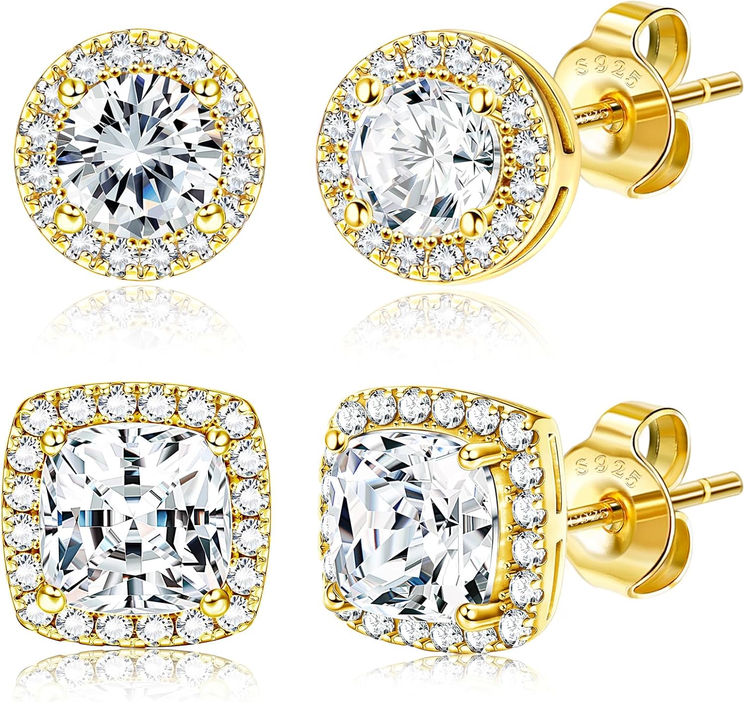Halo Stud Earrings Set, Round and Square Clear Stone, Two Pairs - Image 9
