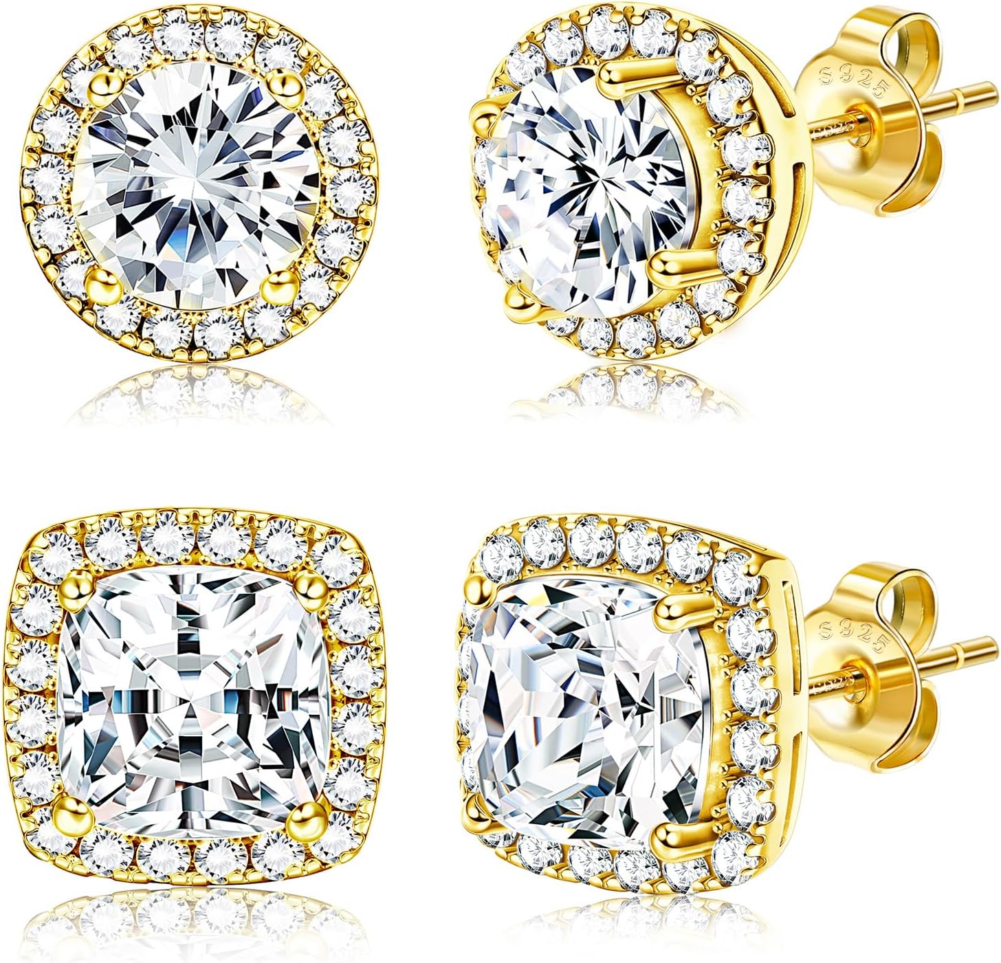 Halo Stud Earrings Set, Round and Square Clear Stone, Two Pairs - Image 7