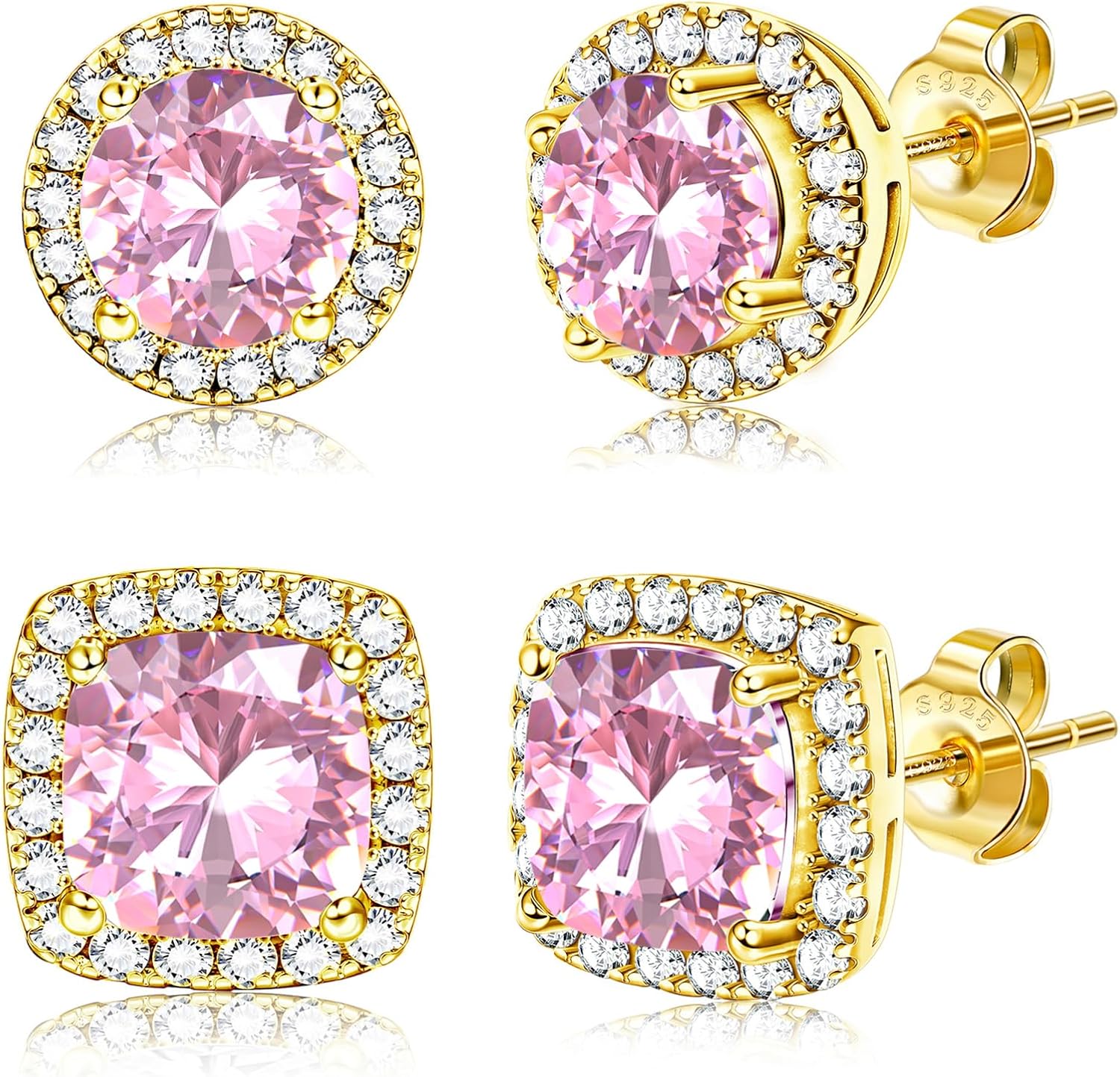 Halo Stud Earrings Set, Round and Square Clear Stone, Two Pairs - Image 17