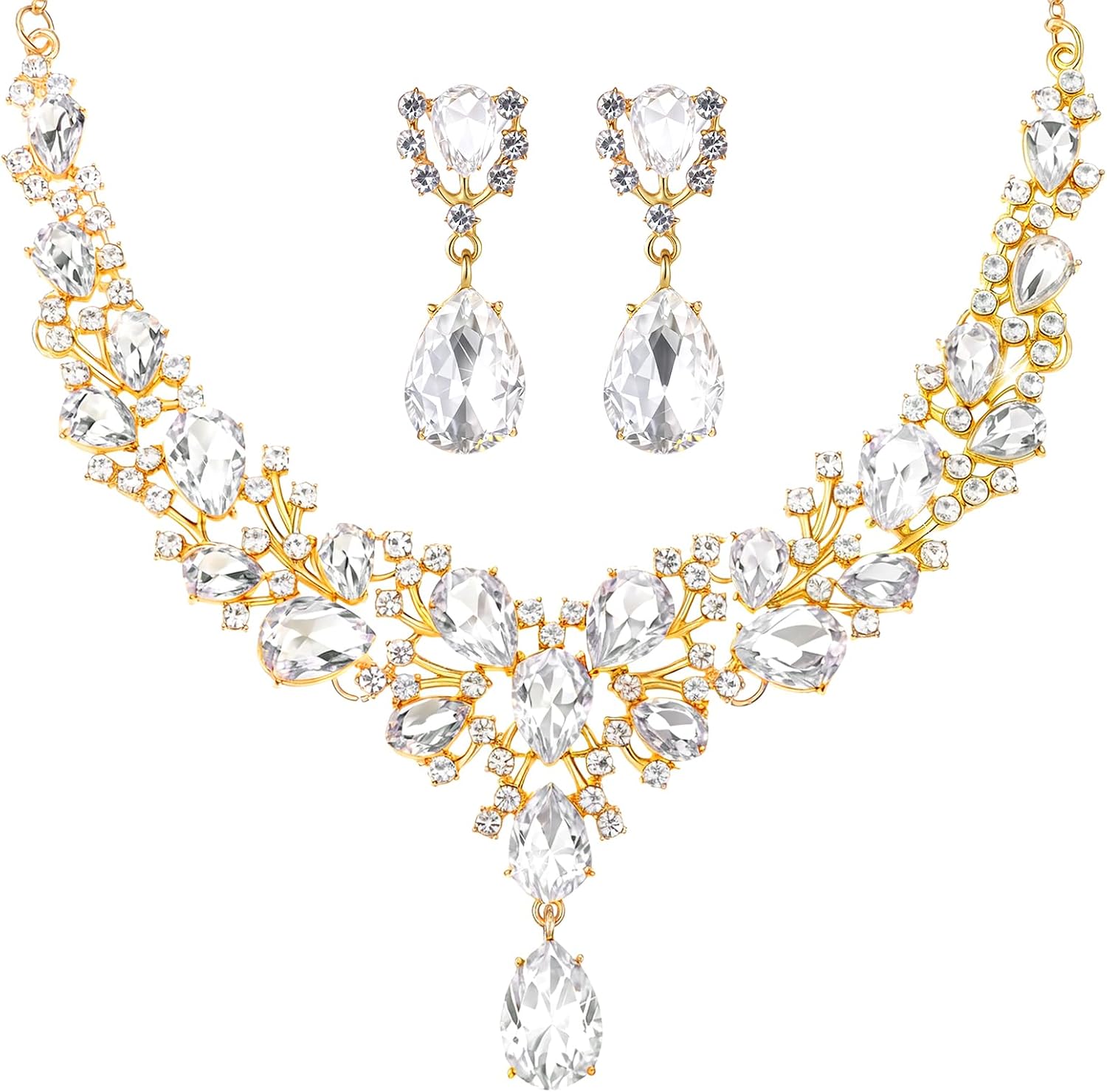 Clear Stone Teardrop Necklace and Earrings Set - Image 20