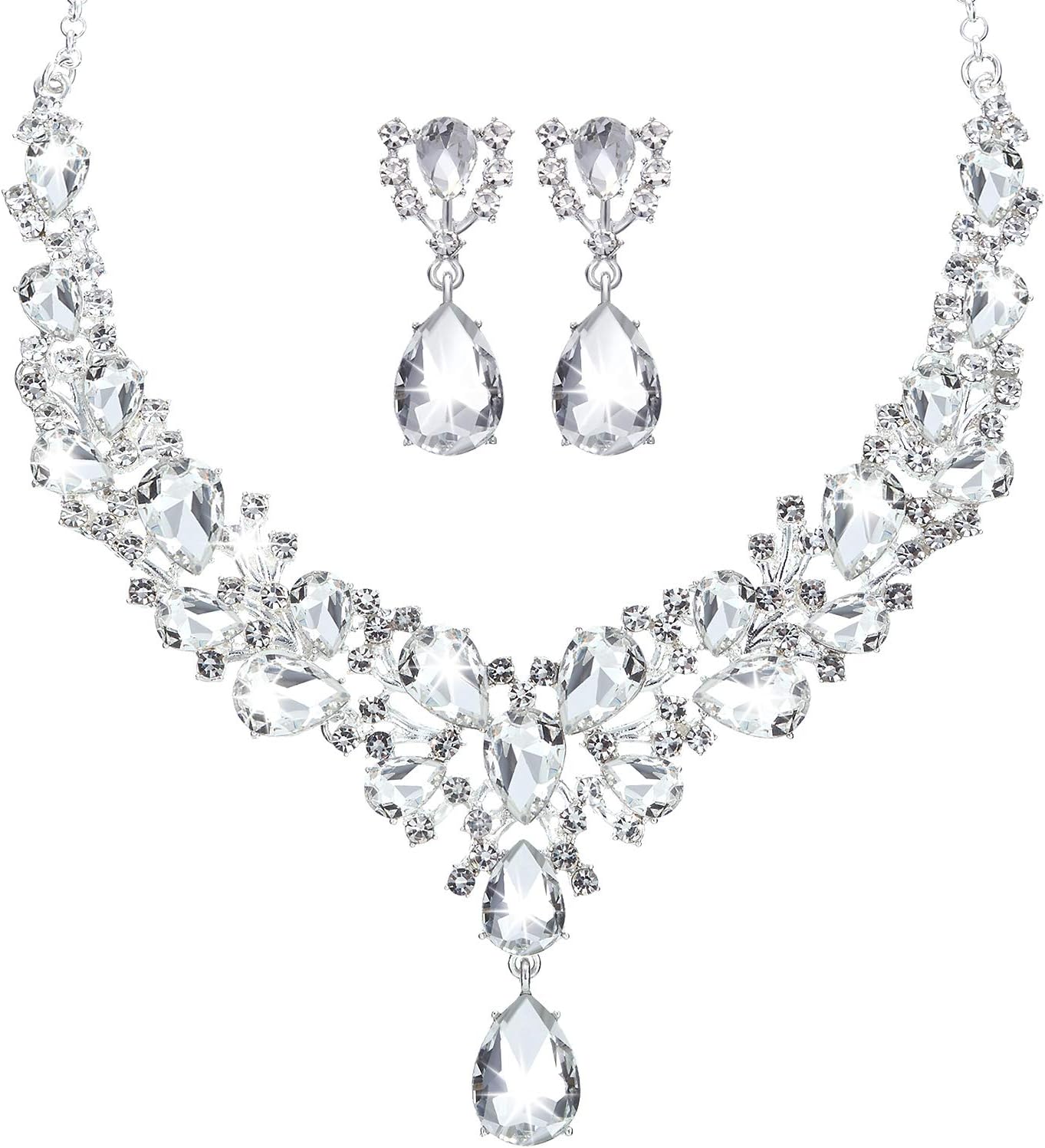 Clear Stone Teardrop Necklace and Earrings Set