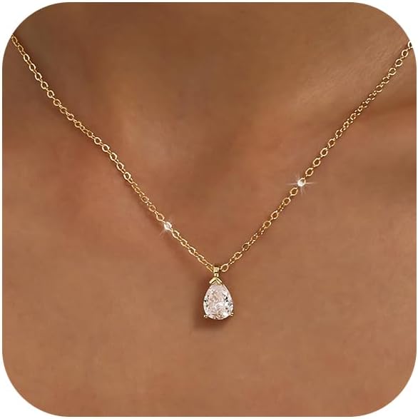 Gold Tone Teardrop Cubic Zirconia Pendant Necklace
